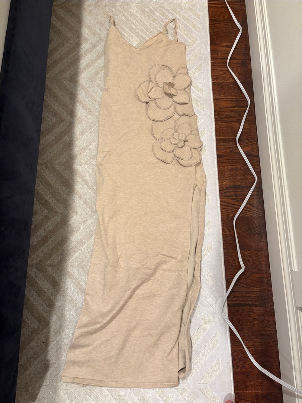 Blue Blush Beige Maxi Dress with Floral Appliqué